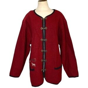 𝅺VINTAGE 80's Feu Rouge Embroidered Country Red pure Wool Shacket Cardigan Sz L